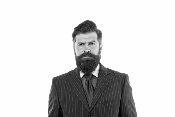 Tijdloos tweedpak. Zakenman draagt een pak. Serieuze man met een baard. Baas of directeur. Knappe hipster dure kleren witte achtergrond. Mensenkleding concept. Mode boetiek. Succesvolle man in pak — Stockfoto