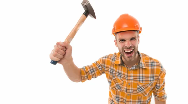 Man shouting. Man builder hard hat. Threaten with hammer. Angry aggressive guy. Improvement and renovation. Man builder or inspector. Engineer architect builder. Bully foreman. Control and management — Stock Photo, Image