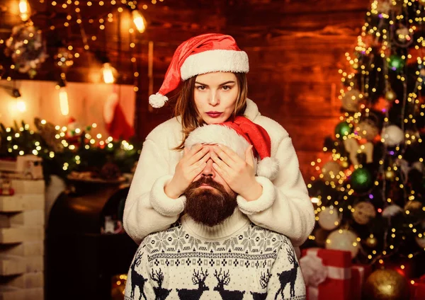 Good vibes. Festive spirit. Lovely married couple cuddle christmas tree background. Christmas is time for giving. Couple in love enjoy christmas holiday celebration. Family tradition. Cheerful mood