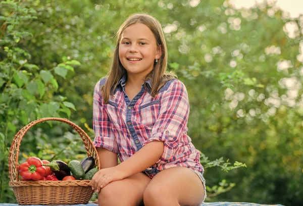 Eet gezond. Kind verzamelen van groenten natuur achtergrond. Een gezonde levensstijl. Zomer oogst concept. Gezond eigen voedsel concept. Meisje schattig lachend kind dat gezond leeft. Biologische oogst — Stockfoto