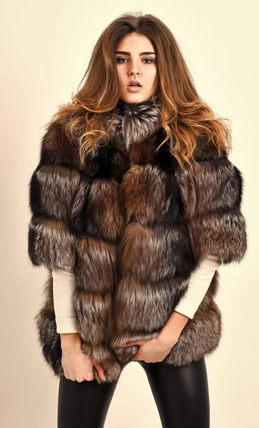 Concept de mode fourrure. Vêtements de luxe élite hiver. Manteau de fourrure marron féminin. Modèle de magasin de fourrure posant en peluche douce et chaude. Jolie fashionista. Femme maquillage et coiffure posant vison ou manteau de fourrure sable — Photo