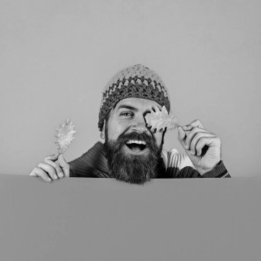 Sonbahar ve doğal güzellik kavramı. Heyecanlı yüzlü adam.