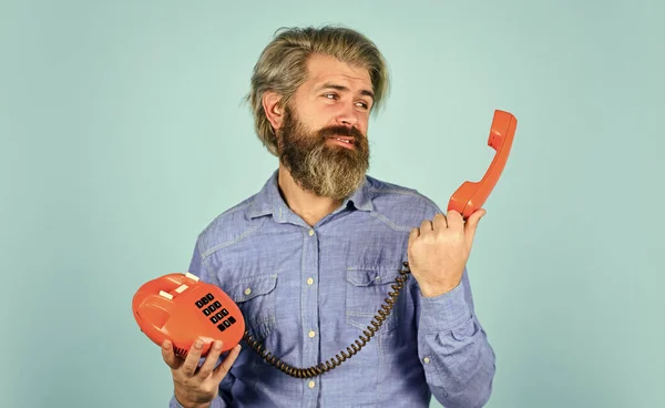 Calling on Past Customers Script. Bearded hipster man phone conversation. Call clients. Retro phone. Marketing automation. Outdated technology. Manager phone communication. Answering machine