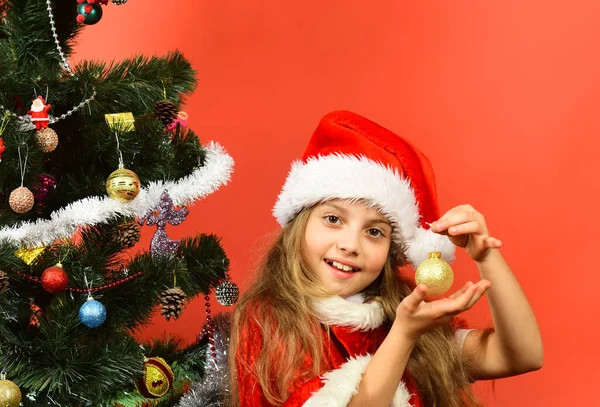 Miss Santa trzyma złotą piłkę na choinkę. — Zdjęcie stockowe