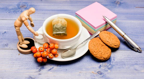 Health care folk remedies. Cup of tea on blue background close up. Gourmet delicious taste. Berry tea. Ceramic cup hot fresh brewed tea beverage. Warm beverage. Drink aromatic rowanberry beverage — Stock Photo, Image