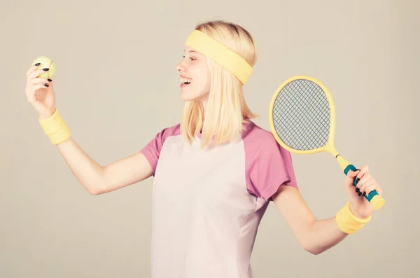 Girl adorable blonde play tennis. Start play game. Sport for maintaining health. Athlete hold tennis racket in hand. Tennis club concept. Tennis sport and entertainment. Active leisure and hobby — Stock Photo, Image