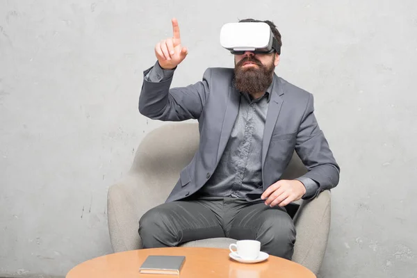 Virtual office and work space. Business implement modern technology. Businessman sit chair wear hmd explore virtual reality or ar. Business partner interact in virtual reality. New opportunity — Stock Photo, Image