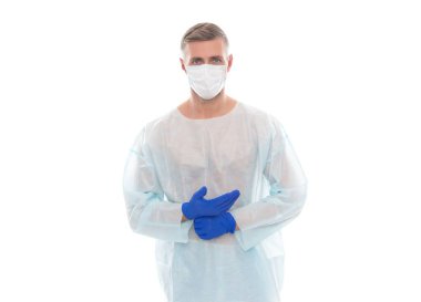 Sonuçları bekliyorum. Güvenlik kostümü giymiş bir doktor. Koronavirüs salgınında hijyen. Bilim adamı virüs aşısı yarattı. Salgın karantina salgını. Coperid-19 ve sağlık hizmetleri. Solunum maskeli bir adam.