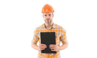 Genel plan. Tamir servisi. Onarım ve yenileme konsepti. Ev tadilatı. Beyaz arka planda kasklı bir adam. Mühendislik mesleği. Tamir atölyesi. Tamirci ev tamircisi. Tamir ve yenileme