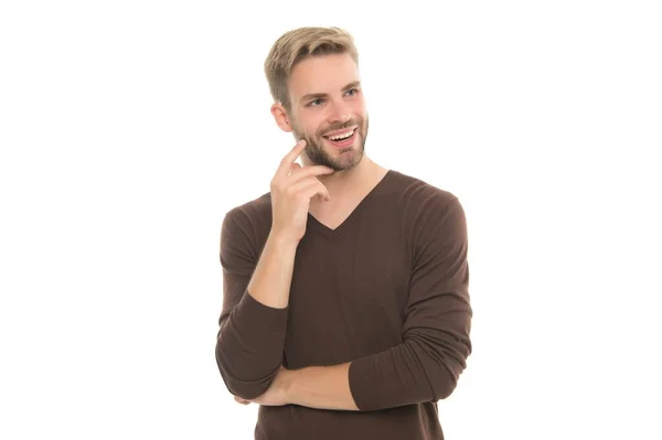 Expresar positividad. belleza masculina. concepto de barbería. aseo y cuidado del cabello. Ropa de hombre y ropa de moda. feliz hombre guapo sin afeitar en ropa casual. joven con cerdas aisladas en blanco —  Fotos de Stock