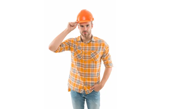 Worker safety and health. Worker isolated on white. Hard worker wear safety hat with confident look. Construction worker or builder. Constructing and building. Renovating and repairing — Stock Photo, Image