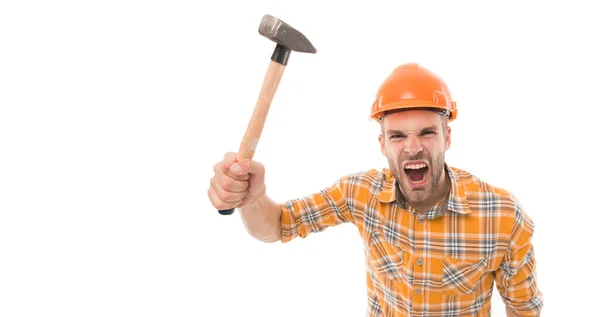 Boze baas. Vernietig en bouw. Reparatie. Reparatie en renovatie concept. Een klusjesman. Reparatie en renovatie. Huisverbetering. Man in helm agressieve arbeider. Reparatie — Stockfoto