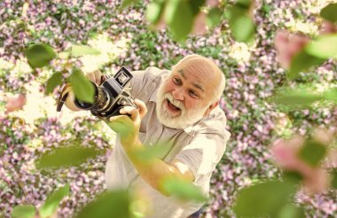 Yaşlılar için eğitim. Klasik kamera. Fotoğraf avı için. Yaşlı mutlu adam ağaca doğru bakıyor. Profesyonel kamera tutan kıdemli bir adam. Retro kamera. Fotoğraf kursları. Büyükbaba fotoğrafçı.