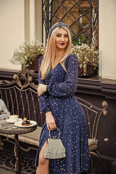 Exquisite details make outfit perfect. Perfect outfit for meeting at cafe. Pretty girl relax street cafe. Leisure time in France. Outfit for urban lifestyle. Femininity concept. Beauty and fashion — Stock Photo, Image