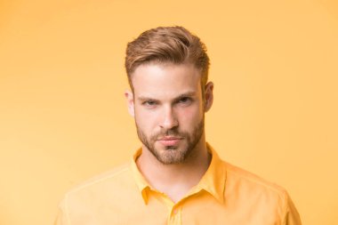 Erkeklik kavramı. Sakallı ya da traşsız adam yakışıklı ve bakımlı görünüyor. Sakallı ve çekici adam görünüşüne önem veriyor. Kendine güvenen, sarı arka planda kıllı bir adam.