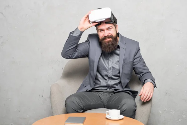 New opportunity. Modern software for business. Business implement modern technology. Business partner interact in virtual reality. Businessman sit chair wear hmd explore virtual reality or ar — Stock Photo, Image