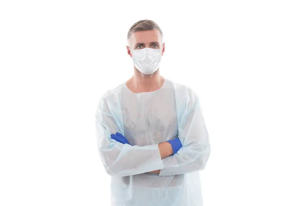 Listo para trabajar. hombre con respirador máscara médica. Doctor en traje de seguridad. higiene de la pandemia de coronavirus. Científico crear vacuna contra virus. cuarentena de brotes epidémicos. covid-19 y asistencia sanitaria — Foto de Stock