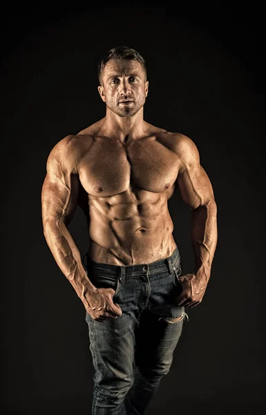 Sex appeal. Sexy man shirtless black background. Athletic guy with sexy bare torso. Wellness and bodycare. Bodybuilding and fitness. Attractive and sexy. Healthy is sexy — Stock Photo, Image