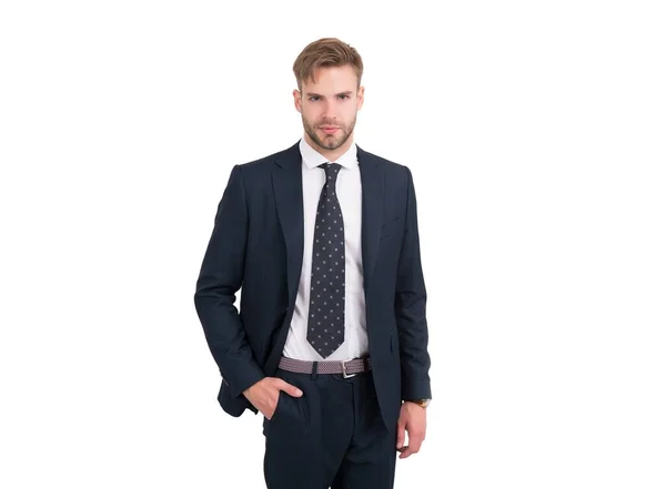 Επιτυχημένος μάνατζερ με επίσημα ρούχα. επαγγελματίας επιχειρηματίας σε επιχειρηματικό στυλ. κίνητρο και επιτυχία. Όμορφος δικηγόρος με γραβάτα. περιποιημένο εργοδότη. επιχειρηματίας με αυτοπεποίθηση στο κοστούμι — Φωτογραφία Αρχείου