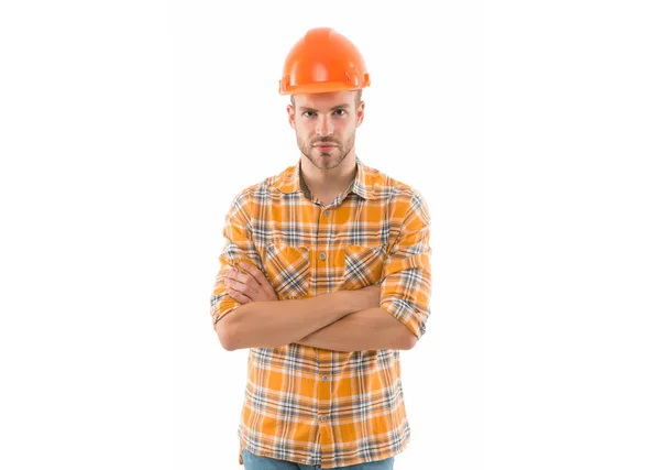 Mantenha a cabeça segura no capacete. Melhoria e renovação. Homem construtor ou inspetor. Engenheiro arquitecto construtor. Homem construtor chapéu duro. Um faz-tudo na oficina. Criatividade e prática. Confiante rigoroso cara — Fotografia de Stock