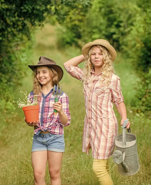 Rusztikus gyerekek természet háttér. Ültetés és öntözés. Mezőgazdasági koncepció. Lányok kalapban növényeket ültetnek. A nővérek segítenek a farmon. Családi farm. Gyerekek szórakoznak a farmon. Öko-gazdálkodási koncepció — Stock Fotó