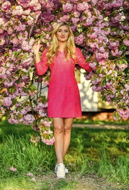 Sakura mevsimi. Harika bir kız. Bahar moda koleksiyonu. Kadın bahar çiçeği sakura çiçek açar. Bahçedeki sarışın kadın. Kiraz çiçekli kız. Kadınlık. Sakura ağacı çiçek açıyor. Pembe ruh hali