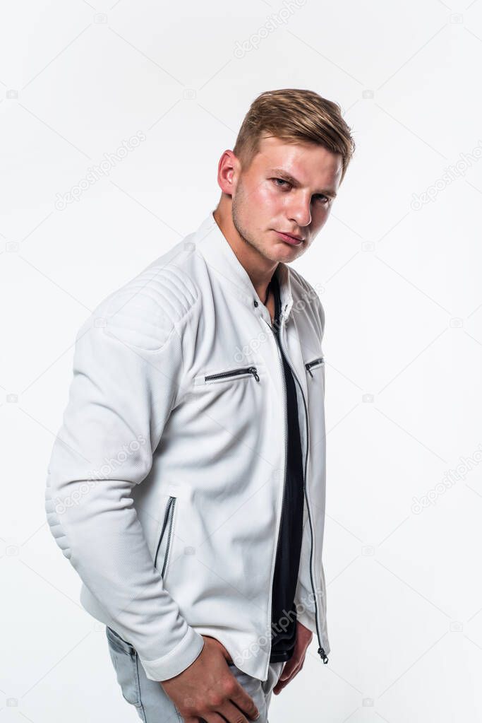 Attractive guy with clean shaved young face skin and stylish blond hair wear casual fashion style isolated on white, handsome