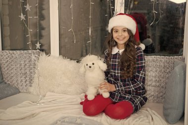 Oynayalım. Mutlu çocuk Noel için oyuncak hediye aldı. Küçük kız oyuncak köpekle oynuyor. Noel Baba hediyesi ya da hediye. Aziz Nicholas Günü. Yeni yıl arifesi. Oyuncak ve hayal gücü. Sevimli oyuncak arkadaşı.