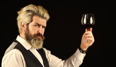 Bu iyi olmalı. Şarap arıtma. Zarif takım elbiseli sakallı iş adamı ve bir kadeh şarap. Sommelier 'in pahalı bir içeceği var. Zarif garson şarap içer. Şarap mahzeninde çalışıyorum. Bar ya da şaraphane.