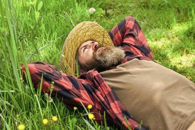 Kırsalda dinlen. Anavatanla birleşmiş. Doğa benim evim. Çiftçi sakallı adam günden güne dinleniyor. Çiftçi yeşil çimlerde rahatlar. Ekoloji konsepti. Yaz tatili. Çevre. Yaz tatili