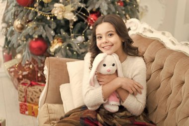 İyi tatiller. Yeni yılın kutlu olsun. Mutluluk ve neşe. Noel hediyeleri için hazır. Küçük kız tavşancığını seviyor. En iyi Noel oyuncağı. Neşeli çocuk Noel ağacında oyuncak oynuyor. Evde rahat hissediyorum.