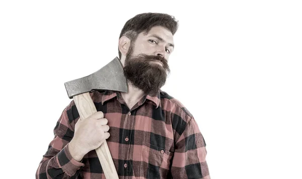 Brave enough. Brutal lumberjack. Cutting wood. Sharp blade. Brutality and masculinity. Bearded lumberjack. Lumberjack style. Man with axe. Bearded man hold axe isolated on white. Danger concept — Stock Photo, Image