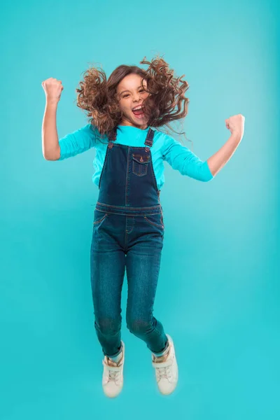 International childrens day. small kid fashion. small girl child with perfect hair. Happy little girl. Beauty and fashion. Childhood happiness. Add some action to your life — Stock Photo, Image