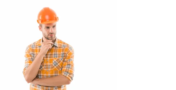Auf den Bau ist Verlass. Bauarbeiter isoliert auf weiß. Bauingenieur oder Bauunternehmer tragen einen Hut. Bauwirtschaft. Bauen und bauen. Engineering und Konstruktion — Stockfoto
