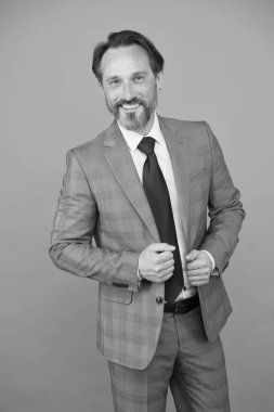 Kutlarım. Kıdemli mutlu çalışan gri arka planı. Gri arka plandaki resmi giysili sakallı adam. İş adamının sakalı var. Kuaför salonu ve berber dükkanı. İş gündelik tarzı. Erkeğe güven verir