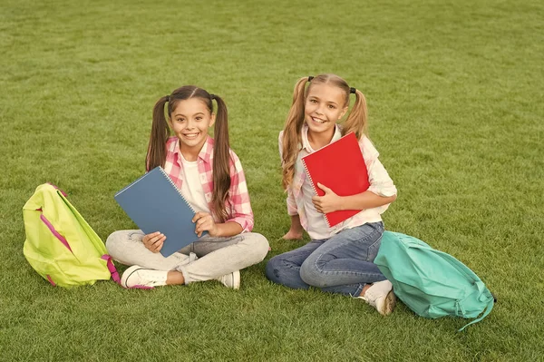 Descansar depois do dia da escola. férias de primavera. melhores amigos para sempre. passar no exame com sucesso. irmãs engraçadas e felizes. escrevendo diário feminino. memórias de infância. pronto para estudar — Fotografia de Stock