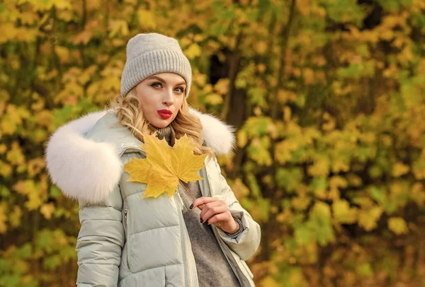 Liefde delen met de natuur. Een vrouw met een hoed. Wandelen in het park. meisje ontspannen tussen gevallen bladeren. sportief meisje met opgeblazen jasje. draag troostkleding. herfst bladeren schoonheid. warme kleding voor het herfstseizoen — Stockfoto