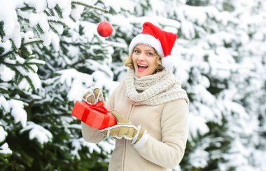 Mutlu kadının elinde Noel hediyesi kutusu var. Noel ağacı süslemeli kız. Bayan Kırmızı Noel Baba şapkası kürk ağacında. Beyaz karla kaplı kış ormanı. Açık hava mükemmel bir ruh halidir.