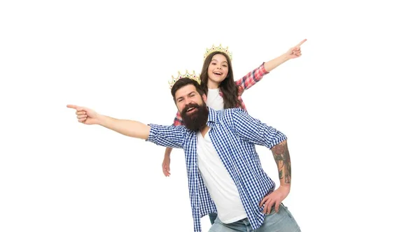 Prom celebration. Happy family point fingers at different directions. Photo studio. Little child and bearded man wear crowns. Celebration day. Holiday celebration. Party time. Welcome to celebration — 图库照片