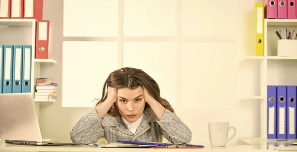 Long working day. tired woman work online on computer. confident office worker. secretary with document folder. formal fashion style. brunette woman with makeup. sexy girl in jacket use laptop — Stock Photo, Image