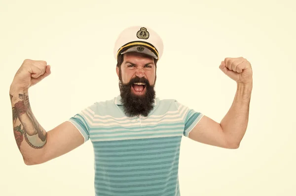 I am so powerful. male power and strength. seaman travel with adventure. navy day. tourist on summer vacation. bearded man in captain cap feel happy. brutal man in sailor hat. summer marine fashion — Stock Photo, Image