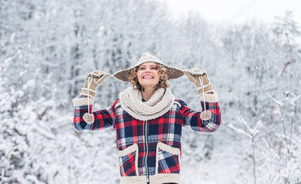 Winter holidays. winter holiday and vacation. best place to feel freedom. woman enjoy landscape. girl relax in snowy forest. female casual style. my favorite season. happy weather. full of energy