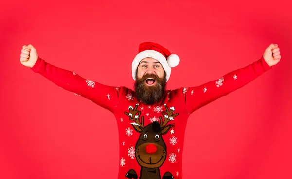 Happy new year. Hipster funny knitted sweater. Celebrating another year with love, happiness and cheer. Cold weather. Bearded man santa hat. Merry christmas. Christmas sale. Christmas celebration — Stock Photo, Image