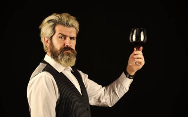 Sommelier şarabın tadına bakar. Sommelier 'in sorumluluğu lezzet tercihi dahilinde. Degustation 'da kırmızı şarap. Sommelier içkinin değerini biliyor. Şarap servisinin her alanında uzmanlaşmıştır. Bardaki barmen.