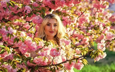 Şefkat ve kadınlık. Kiraz ağacı. Çiçek aroması. Çiçeklerin kadınları mutlu etmesinin nedenleri. Dinlen ve tatil yap. Bahar çiçeği. Mutlu bahar günleri. Bahar sembolü Kız bahçede sakura 'nın tadını çıkarıyor.