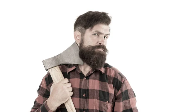 Keep calm and shave beard. Brutal lumberjack having shave with sharp axe blade isolated on white. Bearded man with classic shave. Shave barbershop — Stock Photo, Image