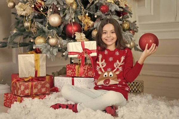 Sólo mira esto. Niña cerca del árbol de Navidad. El niño celebra la Navidad en casa. Tradiciones invernales. Concepto de tienda de regalos. Adorable niño emocionado usar suéter de Navidad. Decoración de atributos navideños — Foto de Stock