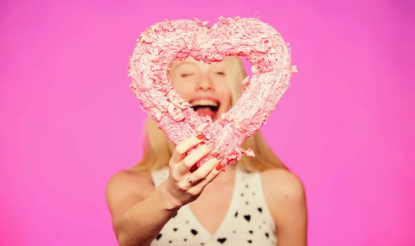 Life can not be better. Valentines day party. woman with decorative heart. Date. Romantic greeting. Valentines day sales. Love and romance. happy woman on pink background