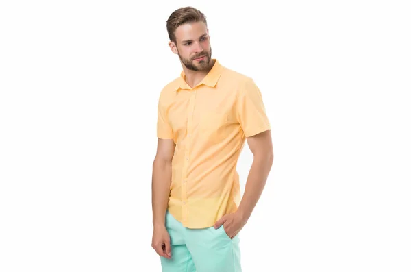 Spring collection. Casual style. Man posing confidently. Man attractive in casual shirt. Fashion model wear casual shirt. Feel comfortable in simple outfit. Casual comfortable outfit. Modern style — Stock Photo, Image