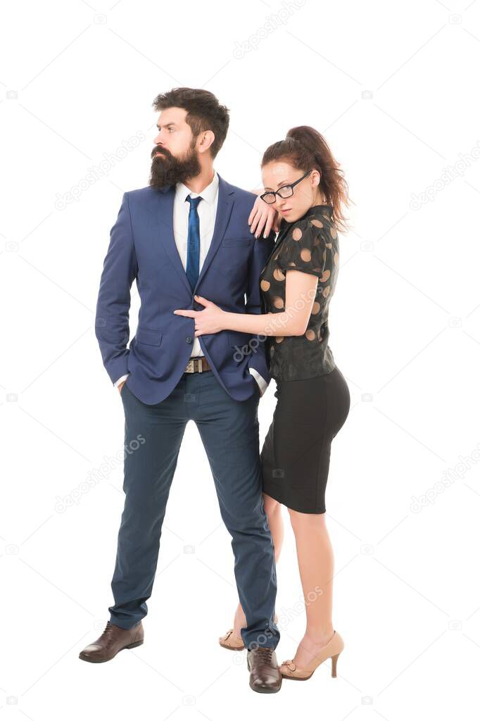 This girl rules the world. Sexy girl seduce bearded man isolated on white. Business girl with makeup and smart look. Couple of pretty girl and hipster in formal style. Dare you to break rules